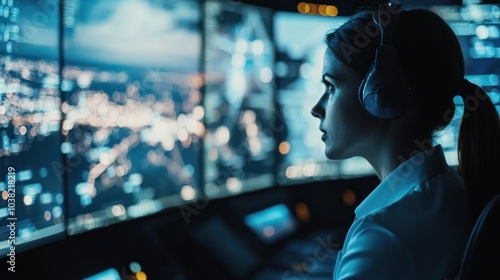 Airport communication system Managed by a female air traffic controller. Facilitates smooth communication between pilots. ground staff This system is critical to safe airport operations. photo