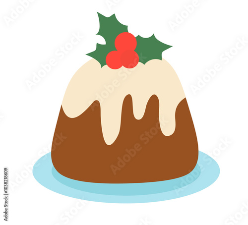 Christmas pudding with mistletoe. Winter food. Vector Flat Illustration.