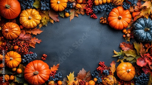 autumnal harvest frame rich fall colors border dark wood background pumpkins leaves and seasonal elements create inviting thanksgiving composition with rustic charm