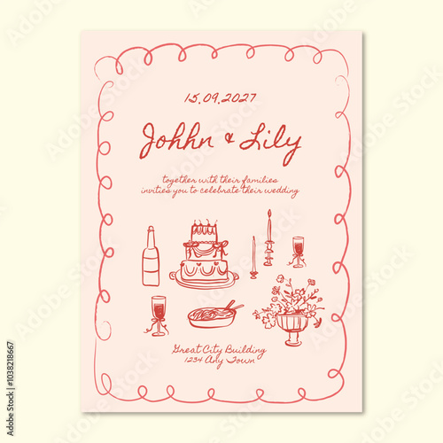 Hand drawn whimsical minimalist wedding invitation 