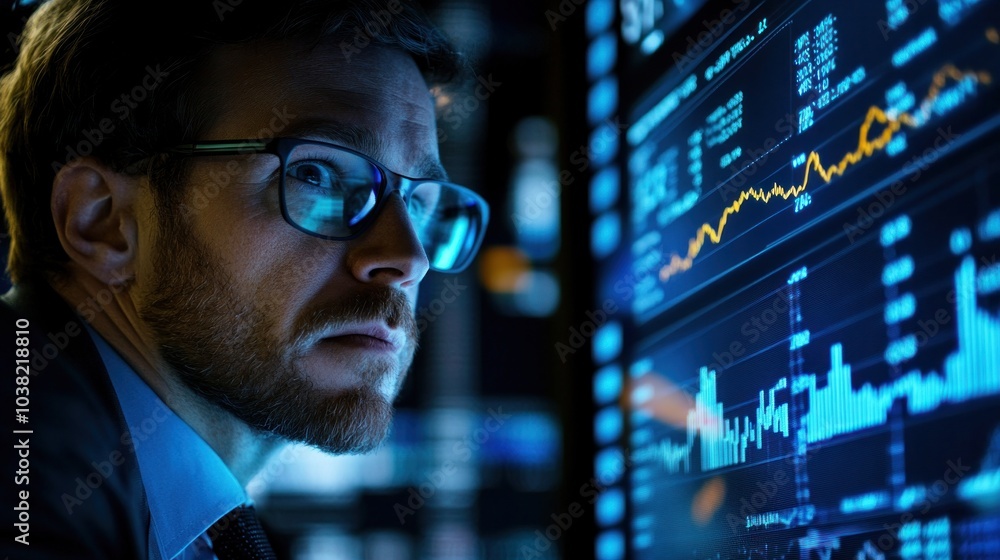 Broker analyzing live stock market charts, reviewing detailed graphs and metrics to guide immediate trading actions. The broker relies on the real-time data to make informed financial decisions Broker analyzing live stock market charts, reviewing detailed graphs and metrics to guide immediate trading actions. The broker relies on the real-time data to make informed financial decisions