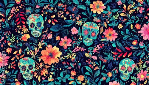 Wallpaper Mural A vibrant pattern featuring colorful skulls intertwined with flowers and foliage, celebrating life and death in a decorative style. Torontodigital.ca