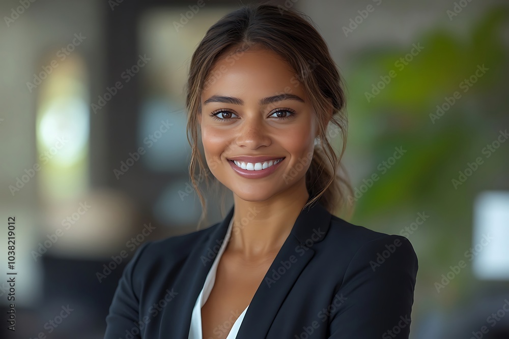 Confident Executive Woman with Brown Hair Smiling in Office Confident Executive Woman with Brown Hair Smiling in Office
