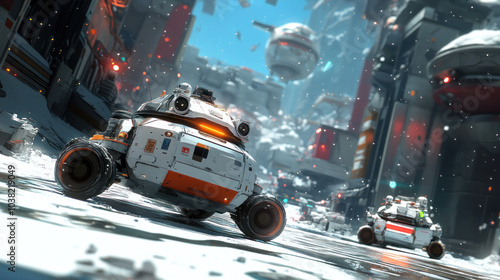 A futuristic city with two vehicles racing through it. The vehicles are orange and white and are driving on a snowy road