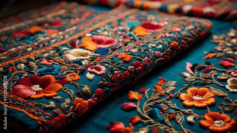 Intricate Floral Embroidery on Vibrant Fabric Displayed at a Textile Market in the Afternoon Light Intricate Floral Embroidery on Vibrant Fabric Displayed at a Textile Market in the Afternoon Light
