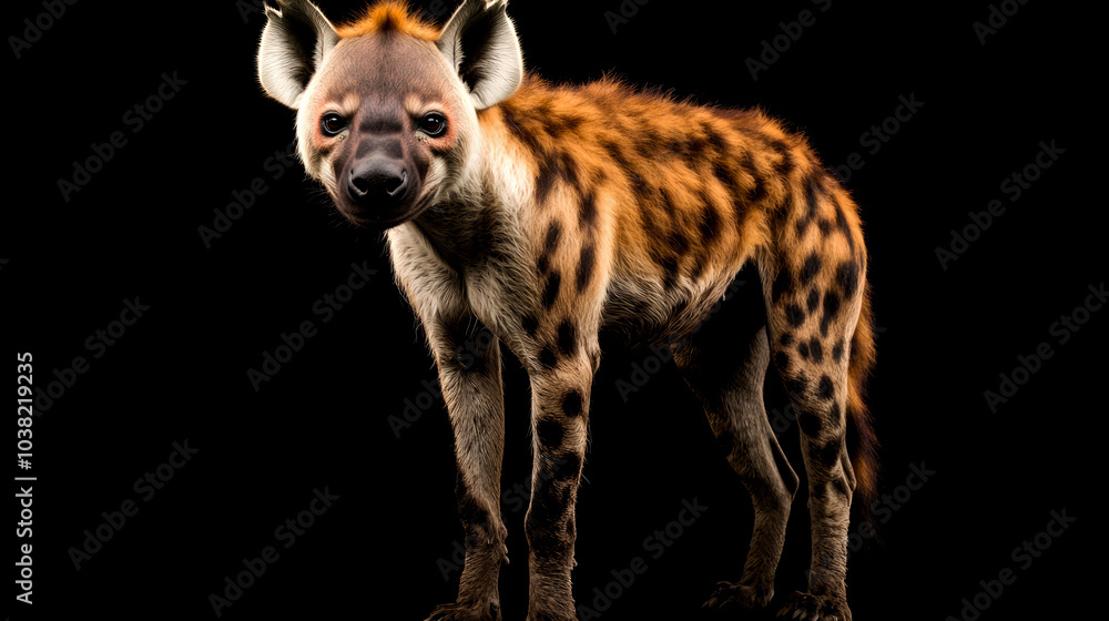 A spotted hyena with a black background, looking directly at the camera. A spotted hyena with a black background, looking directly at the camera.