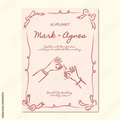 Hand drawn whimsical minimalist wedding invitation 