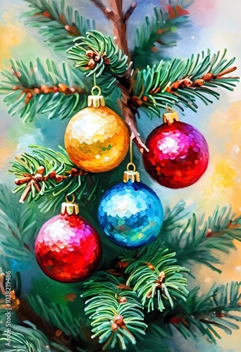 Colorful Christmas decorations adorn branches of a spruce tree, vibrant balls in shades of red, blue, golden and pink, embodying holiday cheer in winter. Happy New Year art background. Generative AI