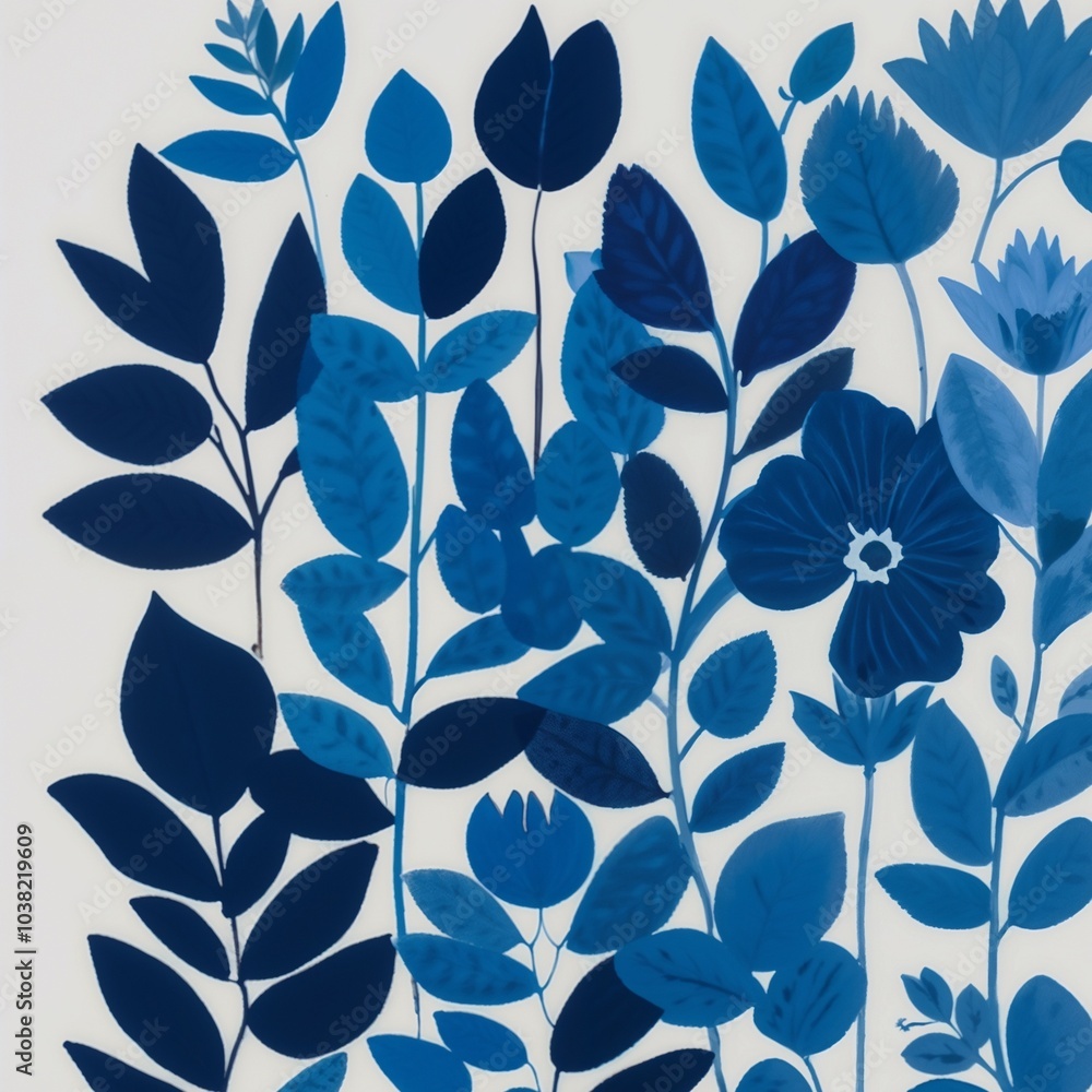 Blue botanical illustration with intricate leaf patterns, perfect for nature-inspired designs and decor. Blue botanical illustration with intricate leaf patterns, perfect for nature-inspired designs and decor.