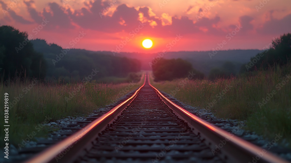 Captivating view of a railway track vanishing into the horizon during sunset where the warm glow of the sun casts long shadows and illuminates the surrounding nature with a golden hue Captivating view of a railway track vanishing into the horizon during sunset where the warm glow of the sun casts long shadows and illuminates the surrounding nature with a golden hue