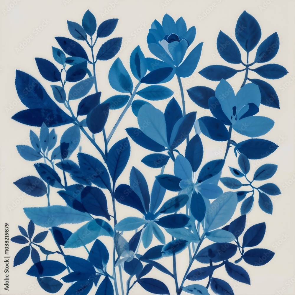 Blue botanical illustration with intricate leaf patterns, perfect for nature-inspired designs and decor. Blue botanical illustration with intricate leaf patterns, perfect for nature-inspired designs and decor.