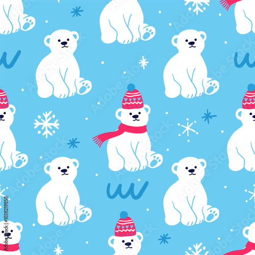 Baby Polar Bear seamless pattern vector illustration. Polar bear in a red scarf on snowflake background