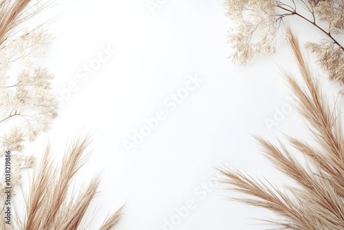 Pampas Grass and Orchid Botanical Frame on Rustic White Background