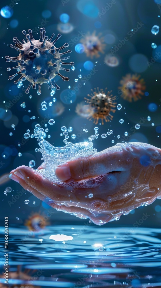 Fototapeta premium Hand in blue water with soap bubbles rising, viruses in background, symbolizing COVID-19. Chinese characters for 