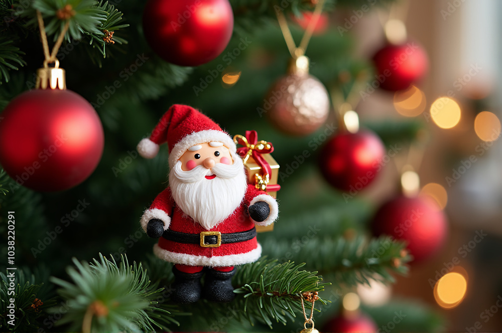 Santa Claus Ornament on Christmas Tree with Red Baubles Santa Claus Ornament on Christmas Tree with Red Baubles
