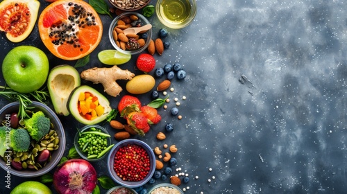 A diverse display of colorful fruits and vegetables contrasts with grains and nuts in an image promoting a balanced and healthy diet on a dark background.