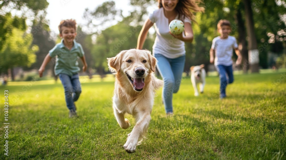 Obraz premium Family playing ball with kids and dog outside, enjoying a lively game in the park. The children and dog run excitedly as the parents toss the ball, creating a joyful and playful atmosphere