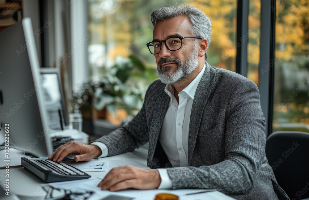 mature man working in an office, sitting at a white desk mature man working in an office, sitting at a white desk