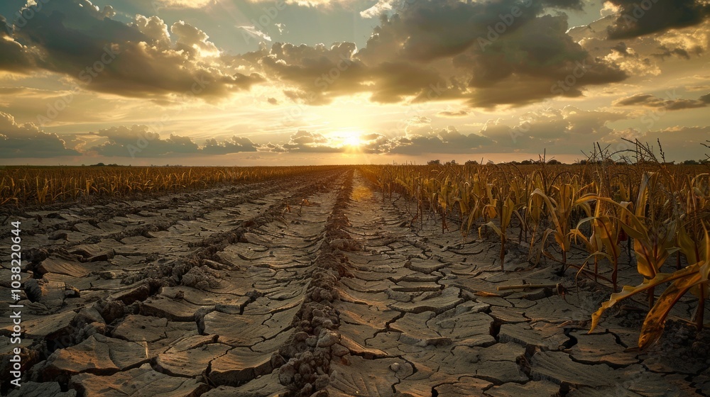 Fototapeta premium A desolate cornfield at sunset with dry, cracked earth, dead plants, and dramatic sky evokes depletion of resources and desolation.