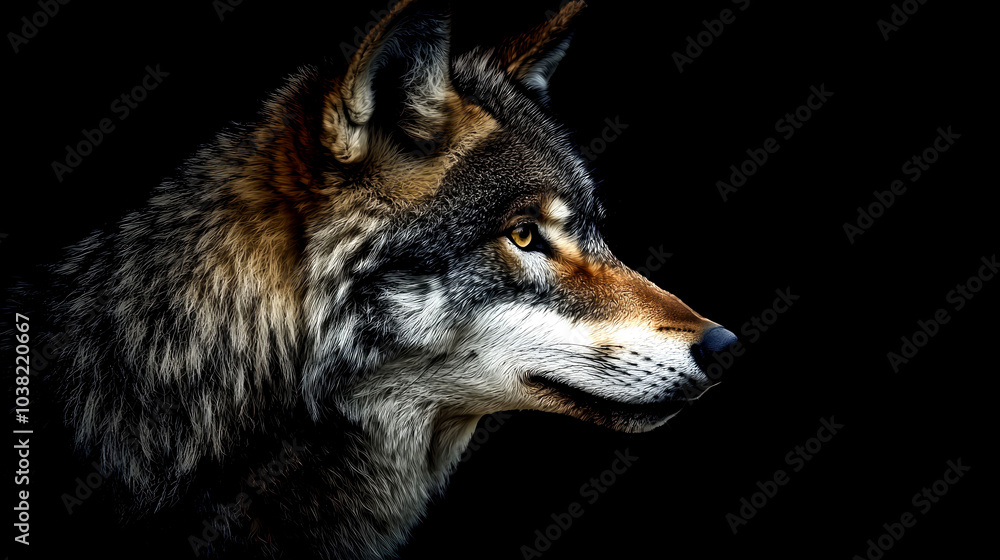 Fototapeta premium A wolf's head is shown in profile against a black background. The wolf's fur is a mixture of grey, brown, and white. Its eyes are a bright yellow.