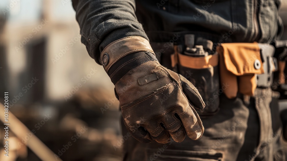Heavy-duty gloves and safety eyewear for construction workers, designed for extreme durability and protection. The gloves shield hands from rough materials, while the eyewear prevents eye injuries Heavy-duty gloves and safety eyewear for construction workers, designed for extreme durability and protection. The gloves shield hands from rough materials, while the eyewear prevents eye injuries