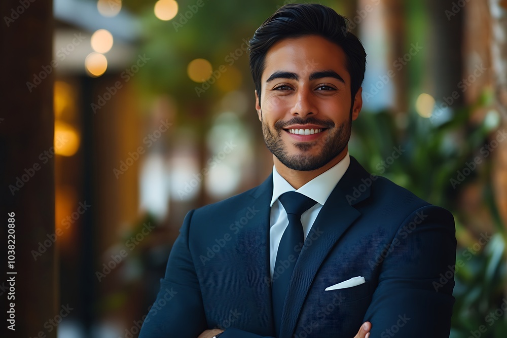Confident Man in Blue Suit Smiling Naturally in Office Setting Confident Man in Blue Suit Smiling Naturally in Office Setting