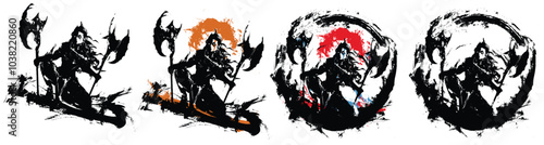 The berserker woman crouched down with two axes ready to break into battle. She is a beautiful fantasy warrior with long hair in leather armor, circled in a perfect vortex, an ink circle. 2d art
