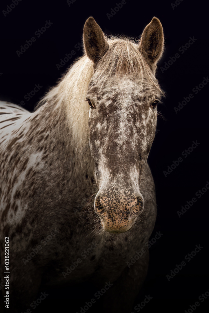 A noriker colblood horse gelding with leopard coat color on black background A noriker colblood horse gelding with leopard coat color on black background