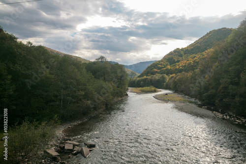 Malaya Laba Mountain River in autumn, Psebai, Russia. photo