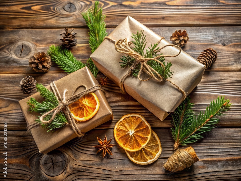 Cozy Christmas Gift Wrapping on Wooden Background with Kraft Paper and New Year Boxes, Holiday Flat Lay, Festive Decorations, Seasonal Still Life, Close-Up Style Cozy Christmas Gift Wrapping on Wooden Background with Kraft Paper and New Year Boxes, Holiday Flat Lay, Festive Decorations, Seasonal Still Life, Close-Up Style