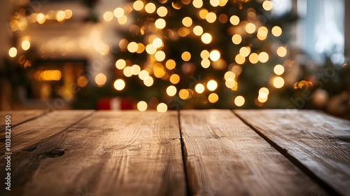 Wooden Tabletop with Blurred Christmas Lights and Fireplace in Background