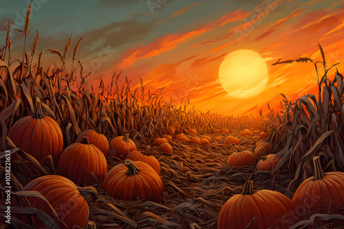 A realistic pumpkin patch at sunset, with bright orange pumpkins and dried corn stalks around