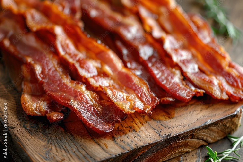 Delicious crispy bacon being cooked for breakfast on cutting board Delicious crispy bacon being cooked for breakfast on cutting board