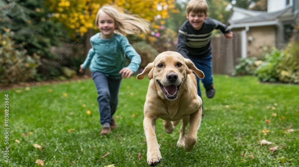 Obraz premium Parents and kids playing with dog in yard, sharing a carefree afternoon of outdoor fun. The family bonds over a simple game, with their loyal pet running alongside the children