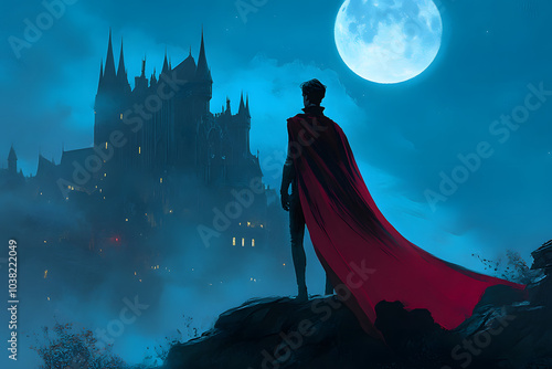 A realistic illustration of a vampire with a long cape, standing against a moonlit castle