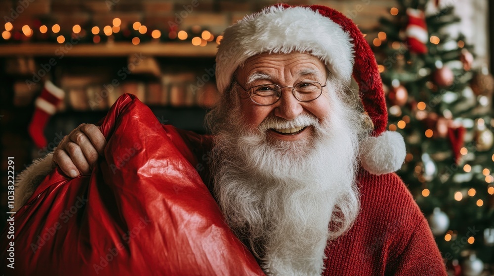 photograph of Happy Senior Santa Claus Looking at Camera and Posing at Festive Decorated Home, Holding a Big Red Bag photograph of Happy Senior Santa Claus Looking at Camera and Posing at Festive Decorated Home, Holding a Big Red Bag