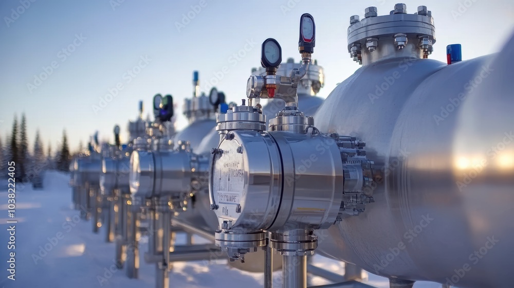 Close-up view of industrial pipelines and valves in a snowy landscape, highlighting stainless steel components and cold-weather operation. Close-up view of industrial pipelines and valves in a snowy landscape, highlighting stainless steel components and cold-weather operation.