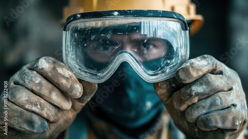 Protective gloves and glasses for construction workers Provides strong protection against occupational hazards. The goggles provide clear vision and are impact resistant. photo