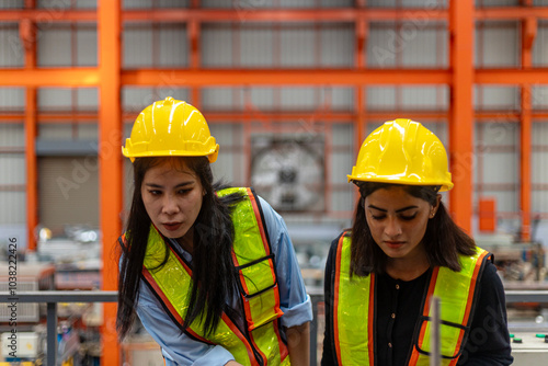 Two female mechanical engineers from different ethnicities and cultures having a discussion over a production plan. Cooperation or partnership across cultures and races in a manufacturing system