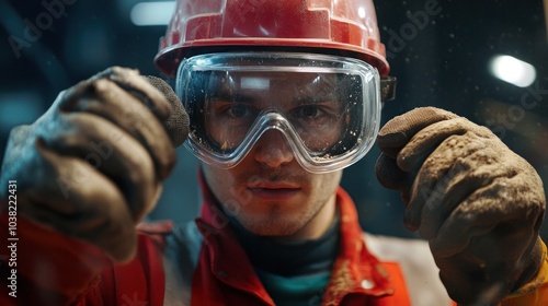 Protective gloves and glasses for construction workers Provides strong protection against occupational hazards. The goggles provide clear vision and are impact resistant. photo