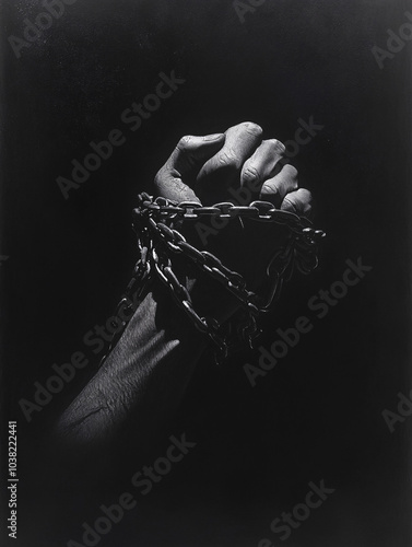 Clenched fist tightly bound in metal chains, symbolizing struggle and oppression with a powerful representation of strength and resilience amidst adversity. photo