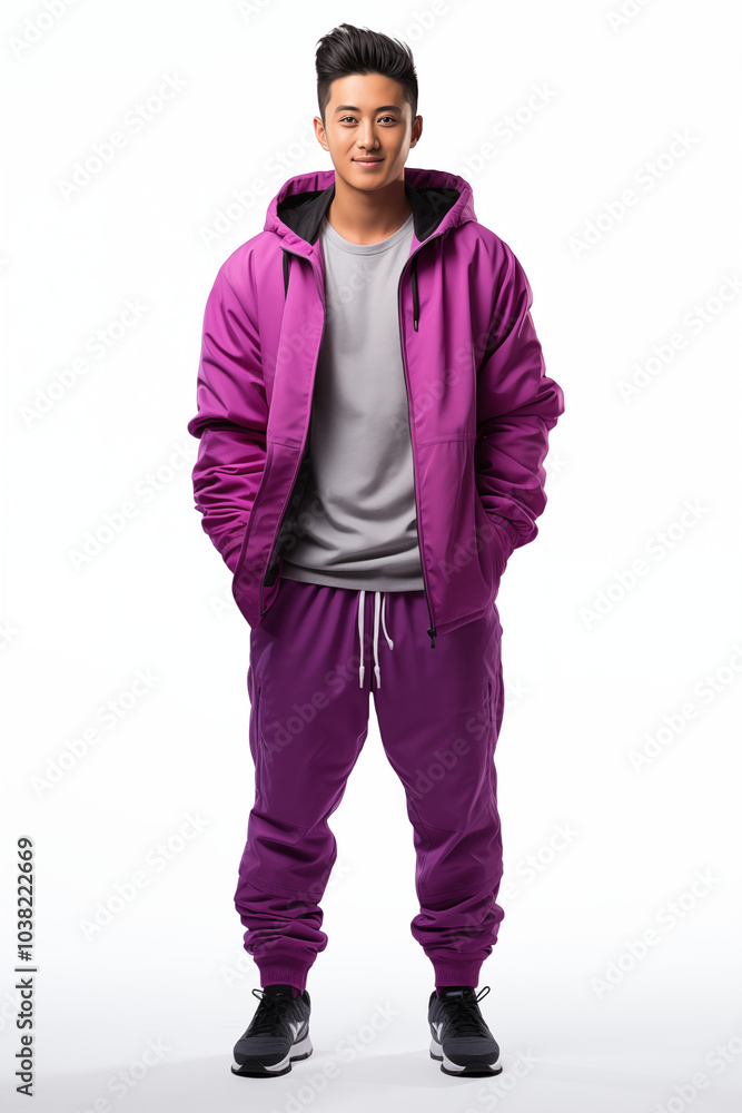 Naklejka premium a man in purple color casual outfit standing in the studio with isolated background