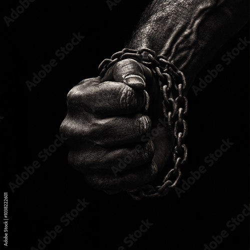 Clenched fist tightly bound in metal chains, symbolizing struggle and oppression with a powerful representation of strength and resilience amidst adversity.