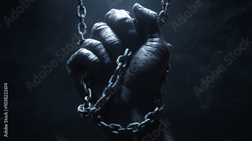 Clenched fist tightly bound in metal chains, symbolizing struggle and oppression with a powerful representation of strength and resilience amidst adversity. photo