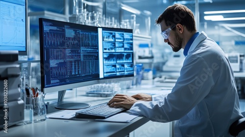 Scientist analyzing data on computer in lab, reviewing large datasets and creating models to interpret experimental outcomes. The computer helps streamline the research process and provide insights