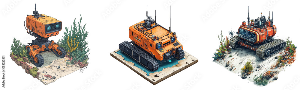 vibrant orange underwater robots exploring ocean floor with marine life transparent background vibrant orange underwater robots exploring ocean floor with marine life transparent background