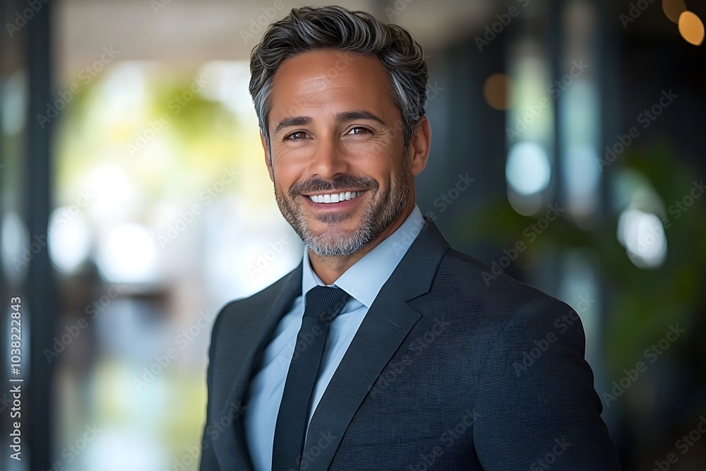 Confident Mature Businessman Smiling in Suit - Portrait in Office Building Confident Mature Businessman Smiling in Suit - Portrait in Office Building