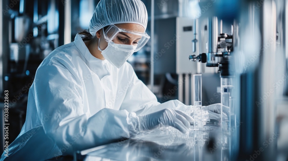 Semiconductor cleanroom worker performing manufacturing tasks, carefully managing the delicate processes required for semiconductor production in a contamination-free, sterile environment Semiconductor cleanroom worker performing manufacturing tasks, carefully managing the delicate processes required for semiconductor production in a contamination-free, sterile environment