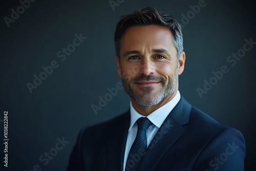 Confident Mature Businessman with Gray Hair and Blue Eyes