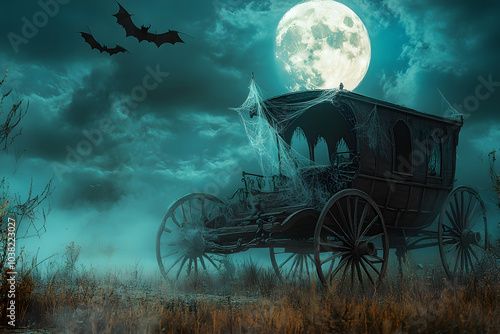 A realistic depiction of an old, broken-down carriage with cobwebs and bats flying around, under a full moon